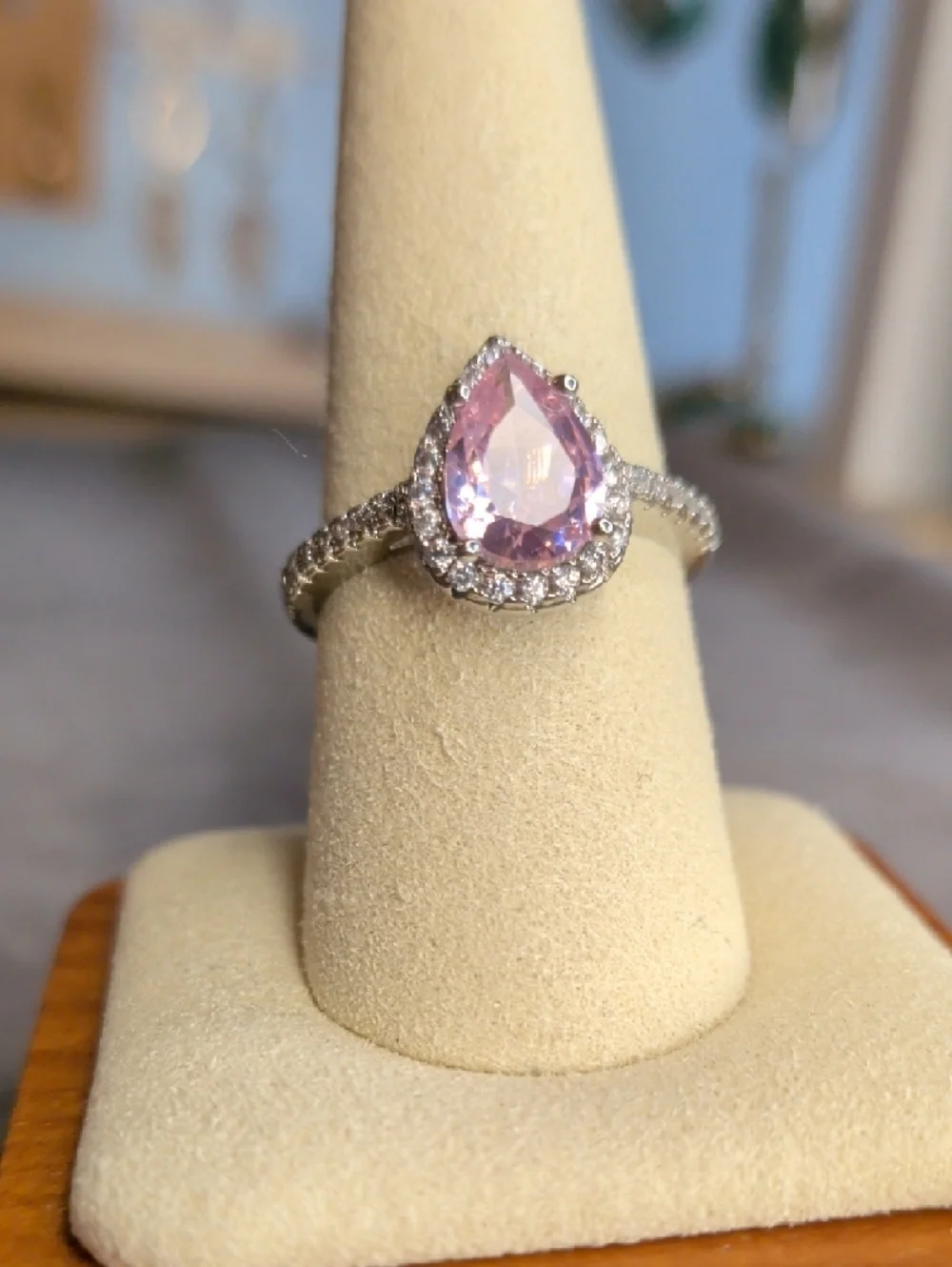 Halo Pink Pear-Cut Crystal Ring With WG